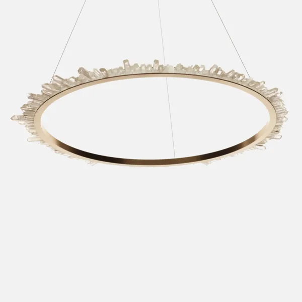 Modern crystal ring chandelier unlit, brass ring and clear crystal points
