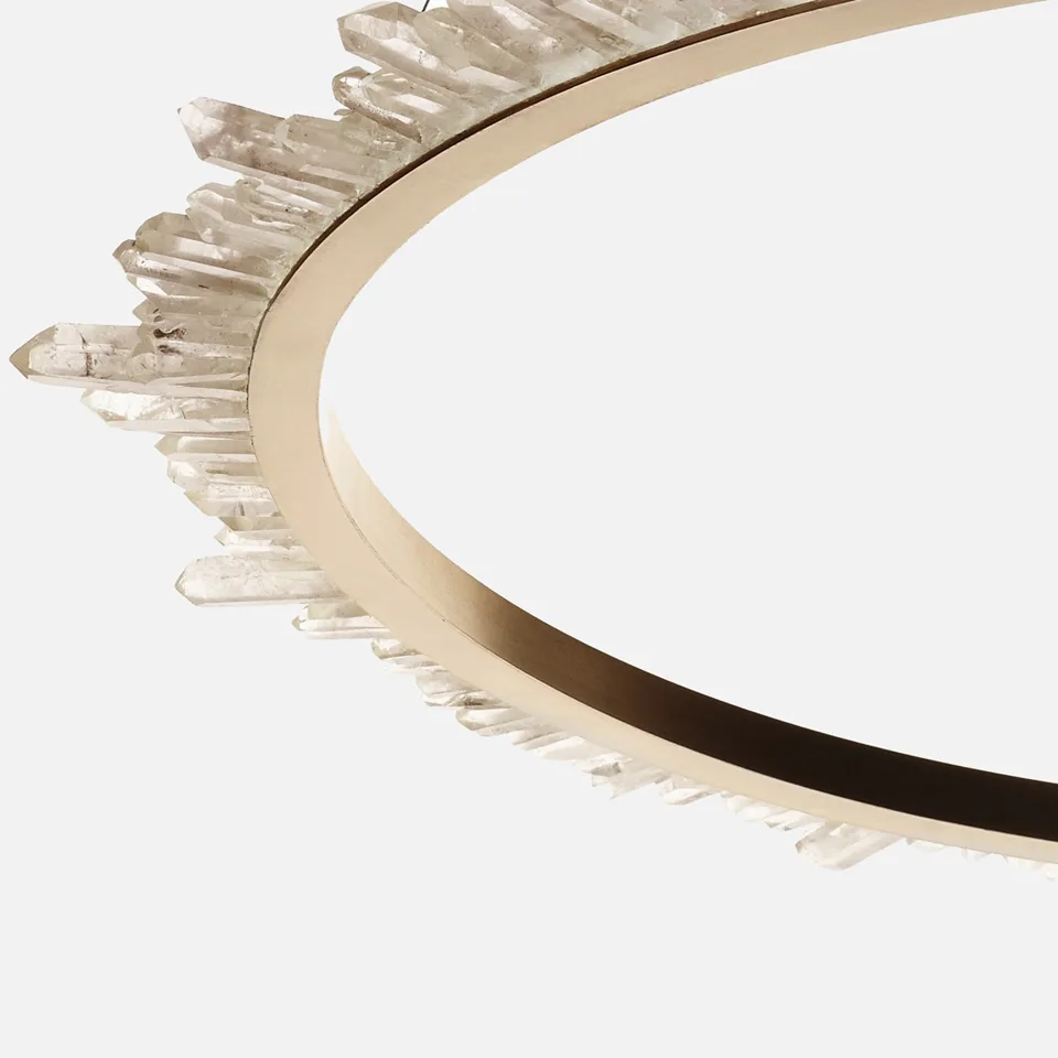 Modern Crystal Ring Chandelier 8 Unlit crystal points on a brushed brass ring, close-up