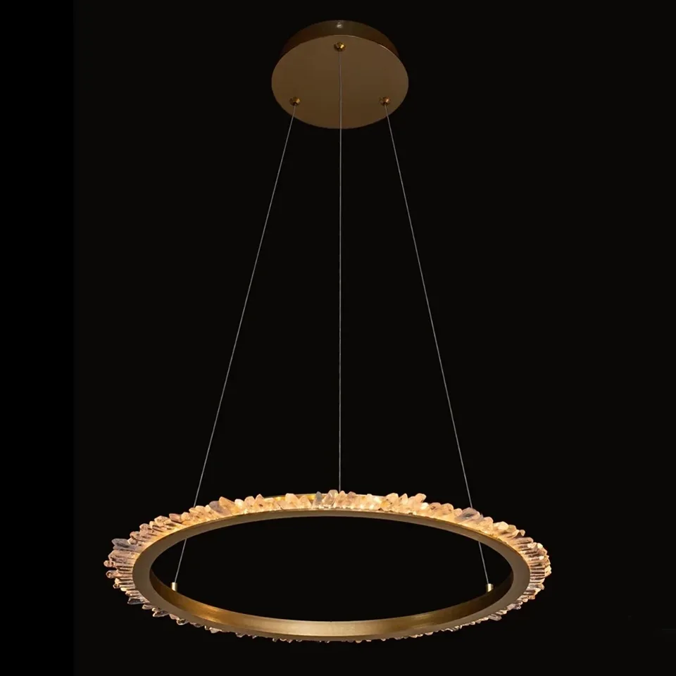 Modern Crystal Ring Chandelier 15 Modern crystal ring chandelier, brushed brass ring with crystals on the outside edge, lit, round canopy