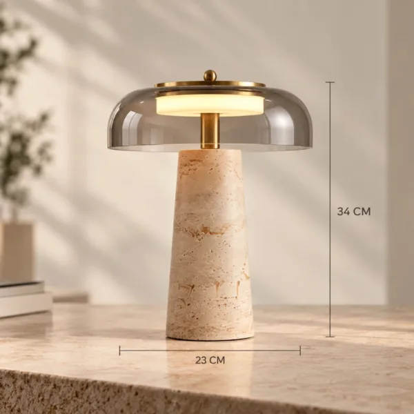 Modern LED table lamp dimension drawing: 34 cm tall and 23 cm across the glass dome