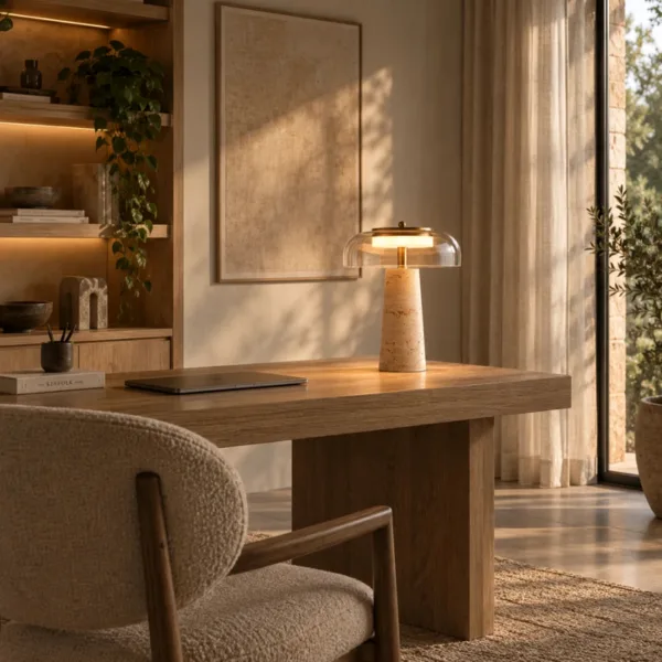 Modern LED table lamp on a wooden study desk beside a bookshelf and a curved chair