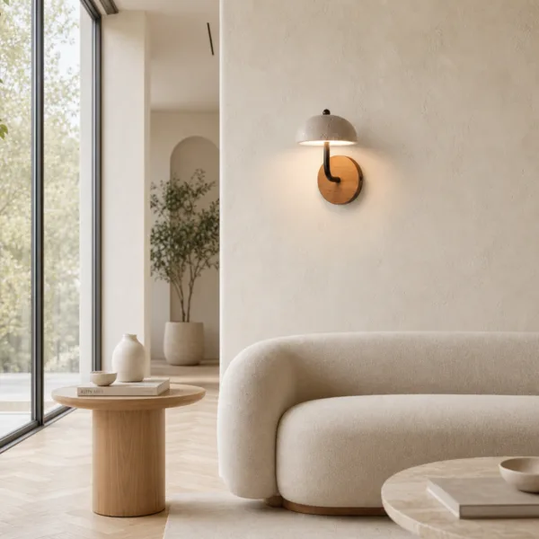Travertine mushroom sconce on a plain wall in a bright living room with a curved cream sofa
