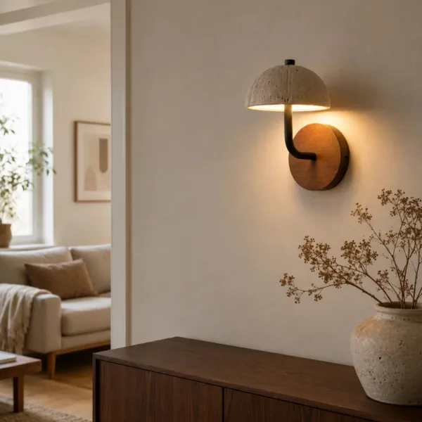 Travertine mushroom sconce glowing above a dark wood sideboard and stone vase in a living room