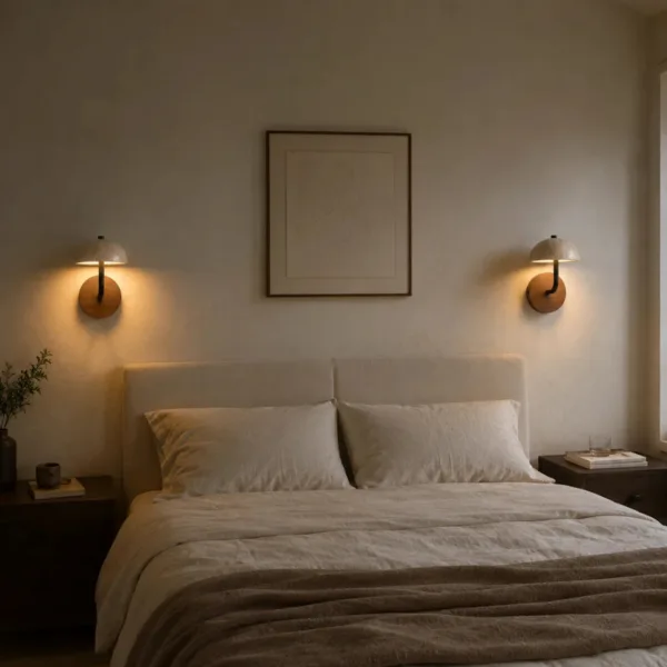A pair of mushroom wall lights in travertine either side of a bed with linen bedding