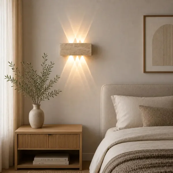 Outdoor up and down light in travertine above a bedside table in a calm cream bedroom