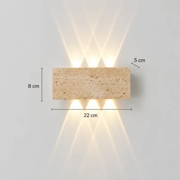 Outdoor up and down light dimension drawing: 22 cm wide, 8 cm tall and 5 cm deep travertine block