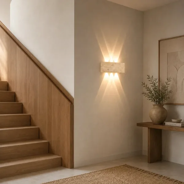 Outdoor up and down light in travertine on a hallway wall above a wooden staircase and console