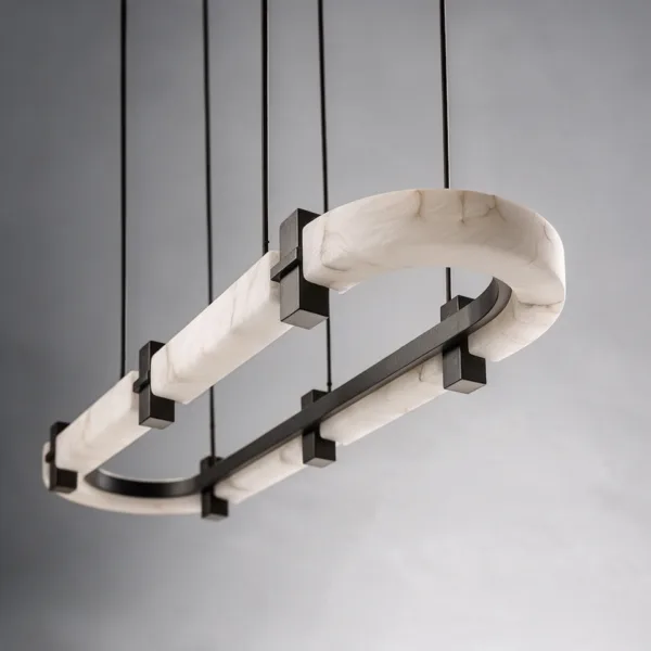 Oval alabaster chandelier seen at an angle, showing the inner metal rail