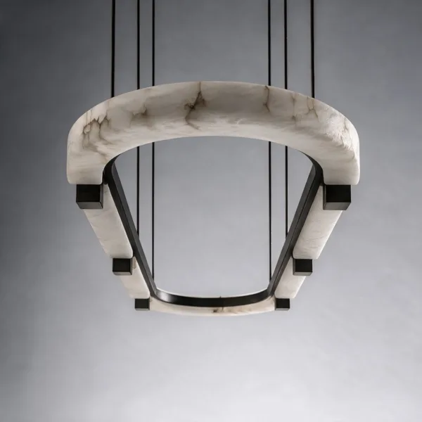 End view of the oval alabaster chandelier showing the curved stone