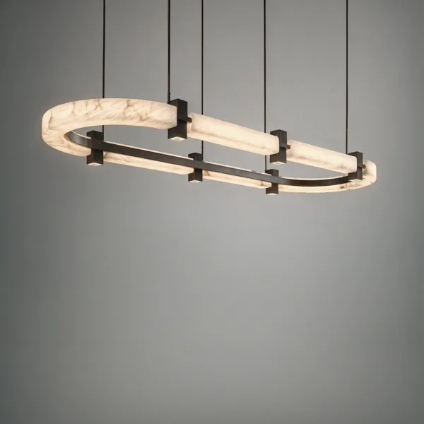 Lit oval alabaster chandelier hanging on six suspension wires