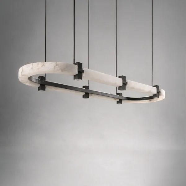 Unlit oval alabaster chandelier with dark metal clamps