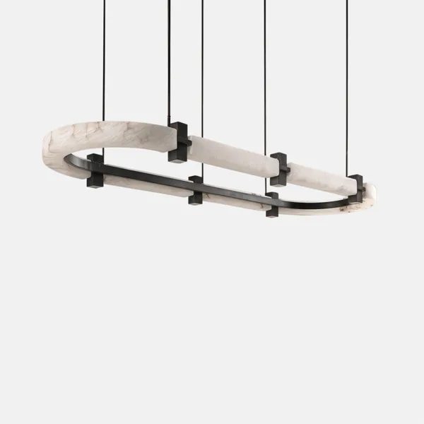 Oval chandelier with natural alabaster ring and black metal frame