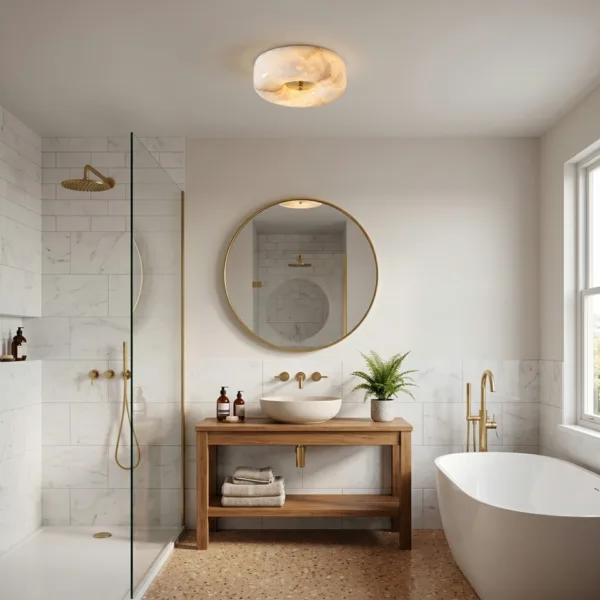 Ceiling light for bathroom: alabaster pebble above a vanity and bath