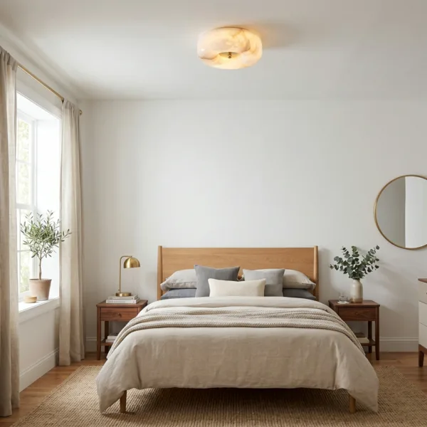 Large alabaster ceiling light glowing above a bed