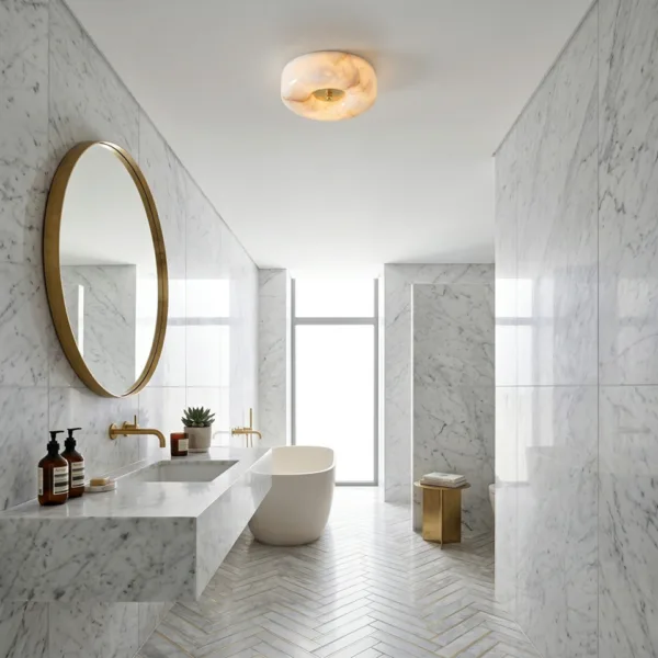 Alabaster pebble ceiling light in a marble bathroom