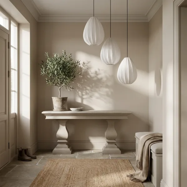Cluster of three pleated silk teardrop pendant lights at staggered heights over a hallway console
