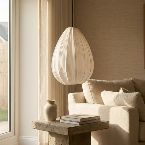 Pleated silk teardrop pendant light in a warm living corner beside a linen sofa and travertine table