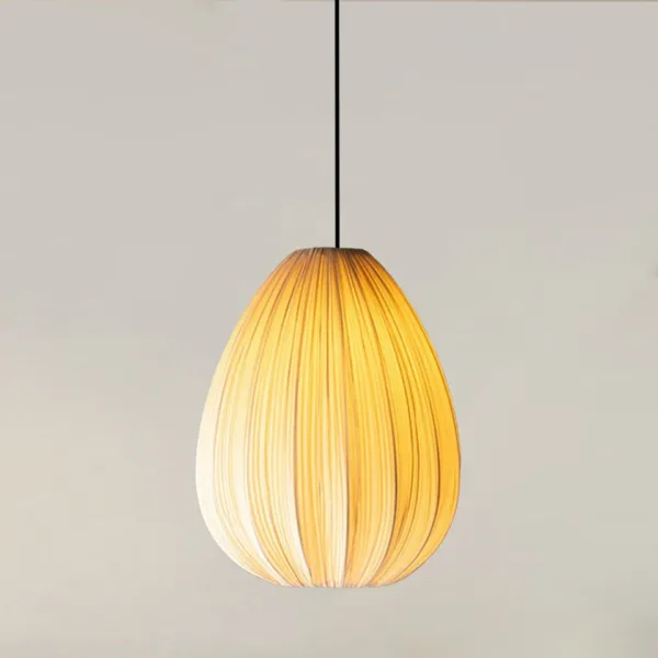 Pleated silk teardrop pod pendant light, full view on a slim black cord