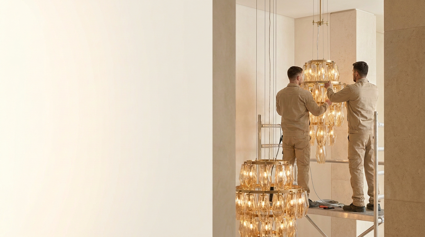 Two Jagmag Lights installers hanging an amber glass chandelier