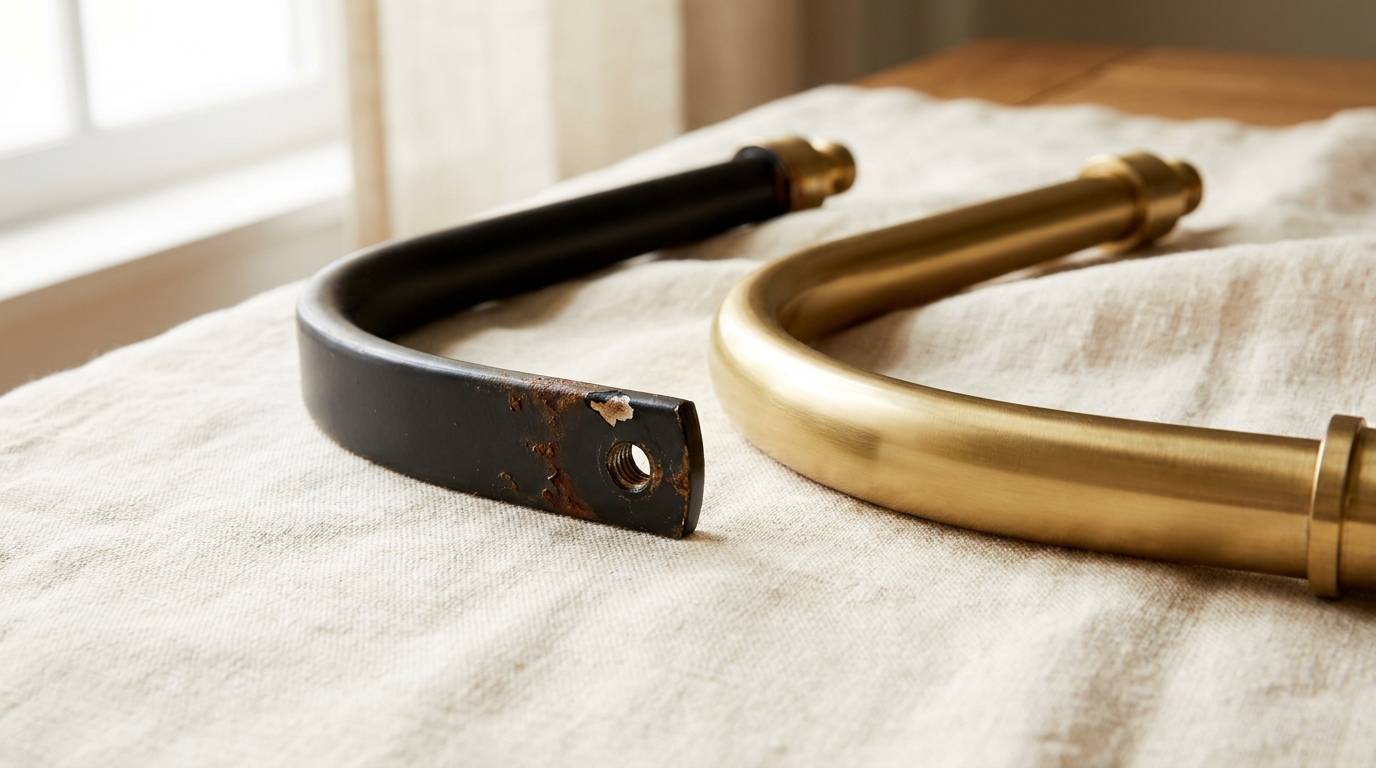 PVD coating on stainless steel vs powder-coated iron: a chipped black iron arm with rust beside a clean gold stainless steel arm