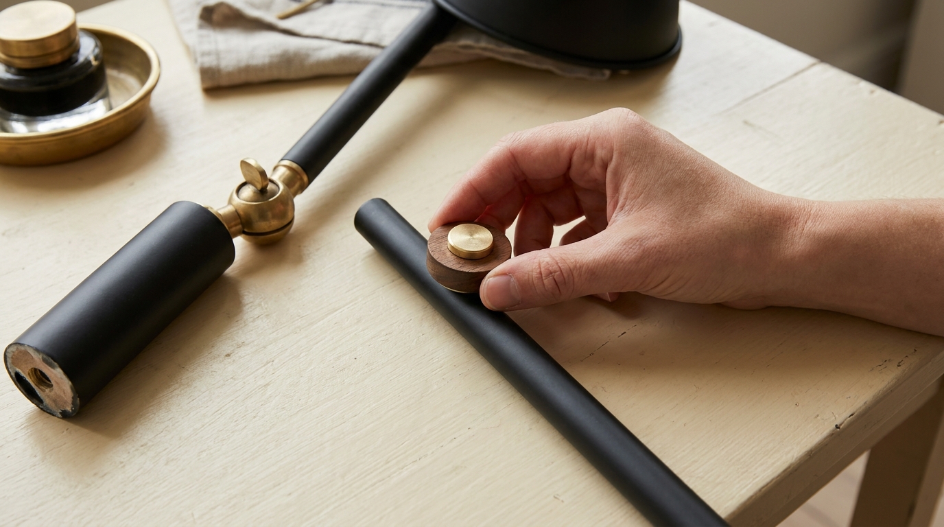 Magnet check before buying: a hand holds a small magnet to a black lamp arm to test the metal under a powder coat or PVD coating on stainless steel