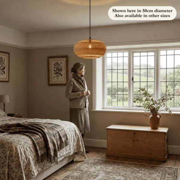 Rattan globe pendant light in the 50 cm size lighting a bedroom beside a leaded window