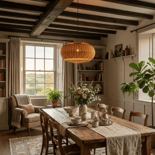 Rattan globe pendant light lit over a rustic wooden dining table under dark ceiling beams
