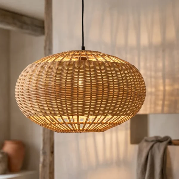 Rattan globe pendant light glowing honey-warm and throwing woven shadows on a plaster wall