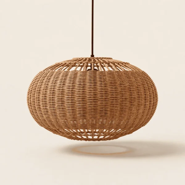 Rattan globe pendant light, handwoven natural rattan with open radial rods at the top and bottom, on a dark cord