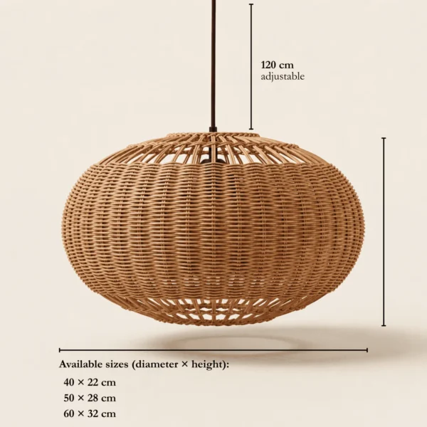 Rattan globe pendant light sizes: Ø 40 × 22, 50 × 28 and 60 × 32 cm, on a cord adjustable up to 120 cm
