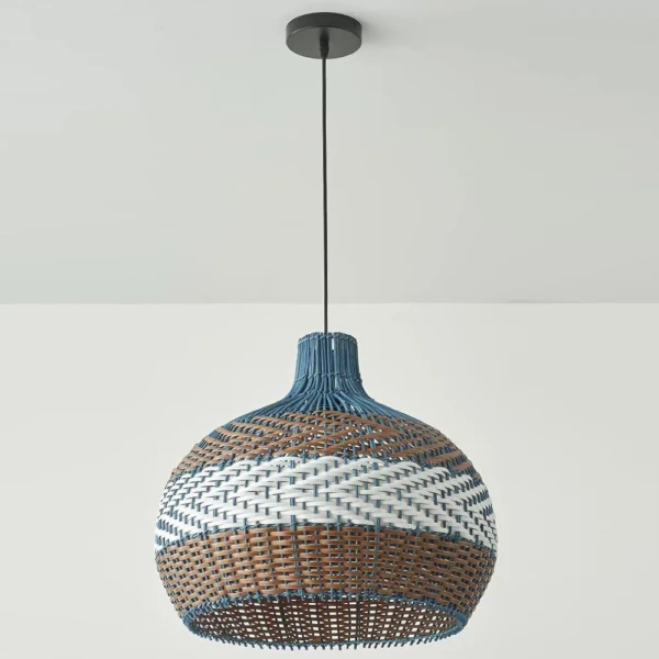 Coastal rattan hanging lamp with blue, white and tan woven bands, hung from a black cord and round black canopy