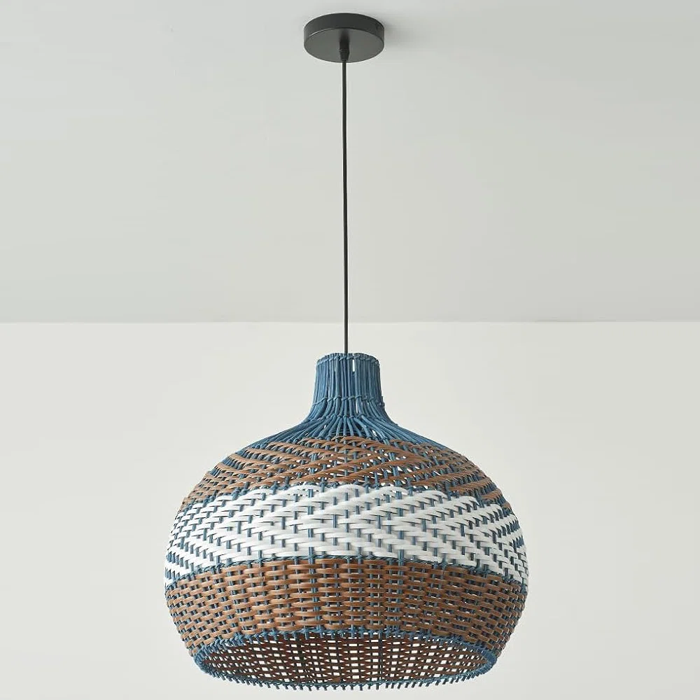 Rattan Hanging Lamp – Handwoven Pendant, Coastal or Natural, 35–60 cm 2 Coastal rattan hanging lamp with blue, white and tan woven bands, hung from a black cord and round black canopy
