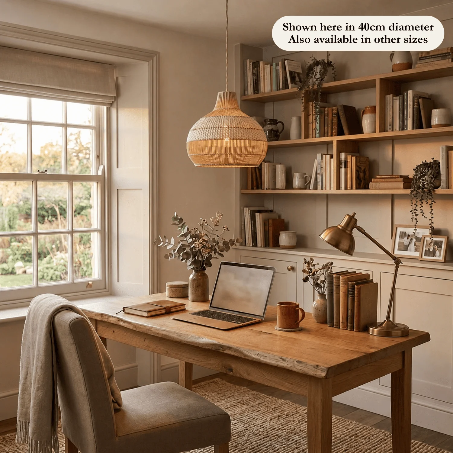 Rattan Hanging Lamp – Handwoven Pendant, Coastal or Natural, 35–60 cm 7 40 cm natural rattan hanging lamp over a wooden desk in a home office beside a window