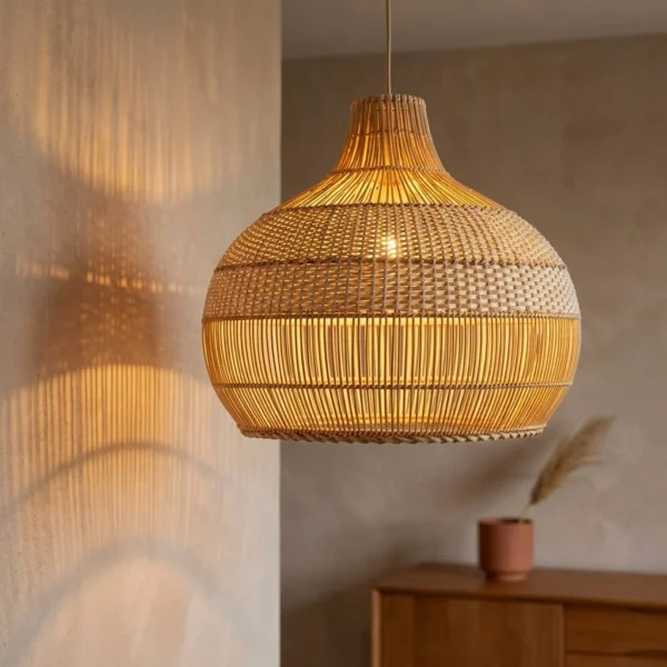 Natural rattan hanging lamp switched on, glowing warm and throwing woven shadows on the wall above a wooden sideboard