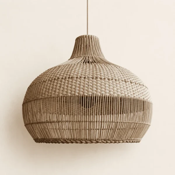 Rattan hanging lamp in natural rattan, a round handwoven dome with a flared neck, on a pale cord