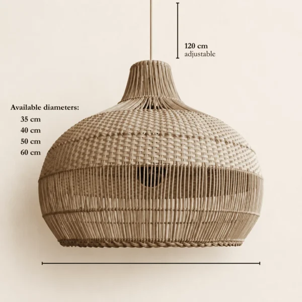Rattan hanging lamp size guide: 35, 40, 50 and 60 cm shade diameters on a 120 cm adjustable cord