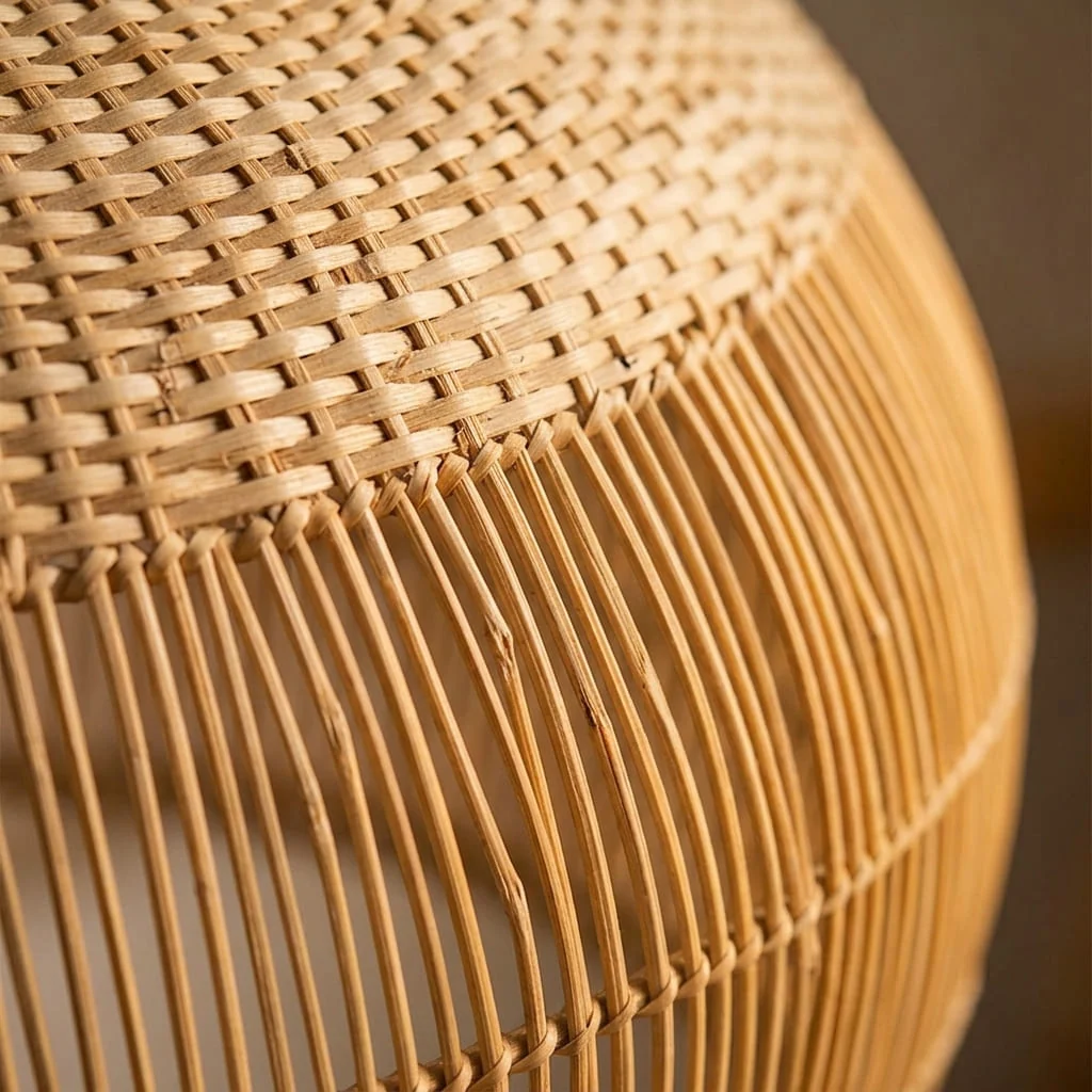 Rattan Hanging Lamp – Handwoven Pendant, Coastal or Natural, 35–60 cm 9 Close-up of the handwoven natural rattan hanging lamp: tight weave above, open upright strands below, lit from inside