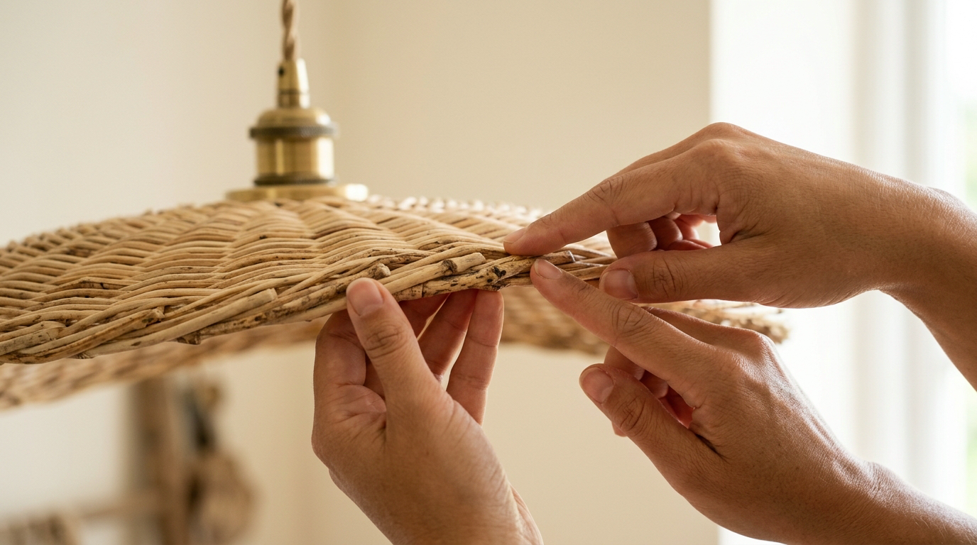 Hands checking the woven strands of a natural rattan material lamp shade for small marks and colour changes