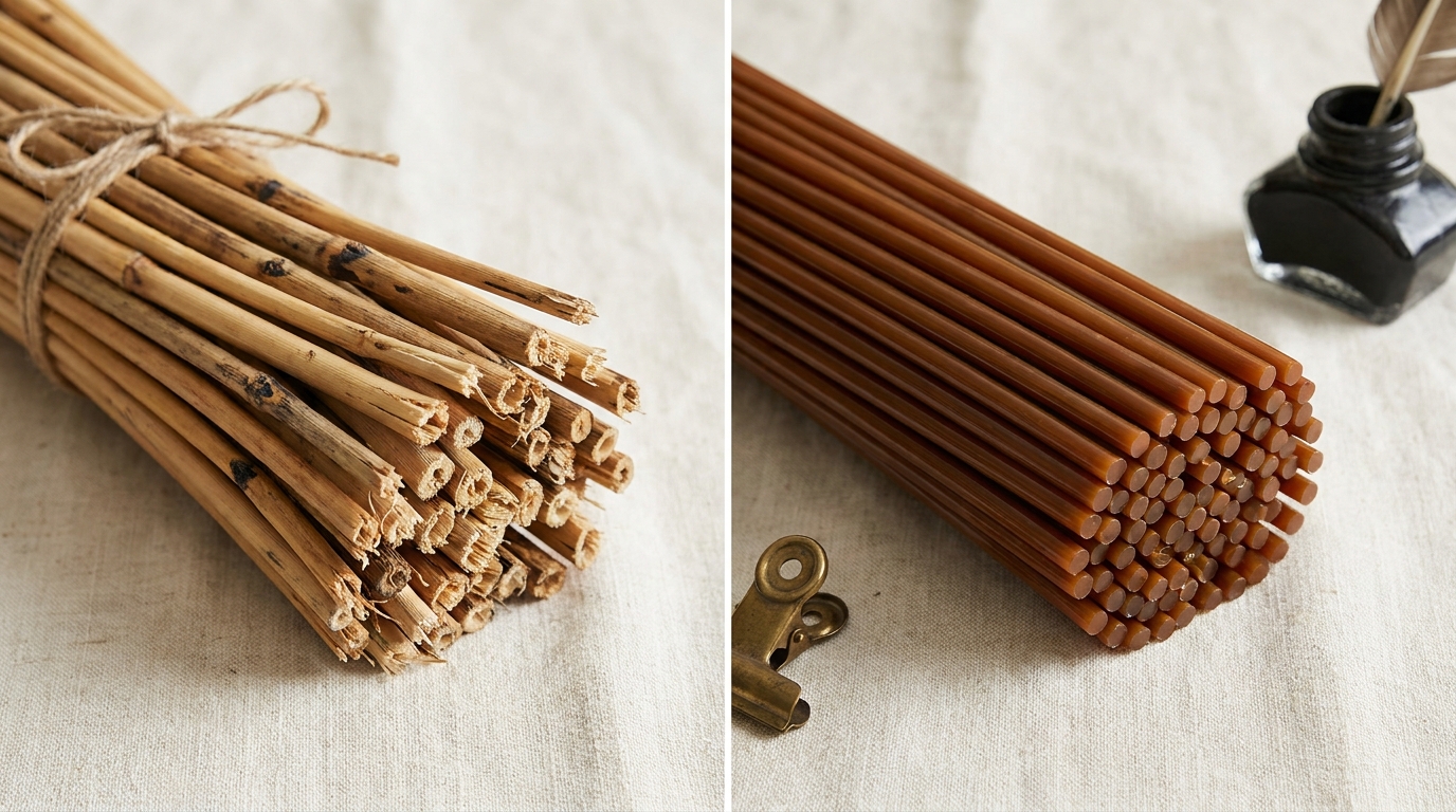 Natural rattan cane strands with nodes and colour changes beside uniform glossy plastic rattan strands, showing the rattan material difference