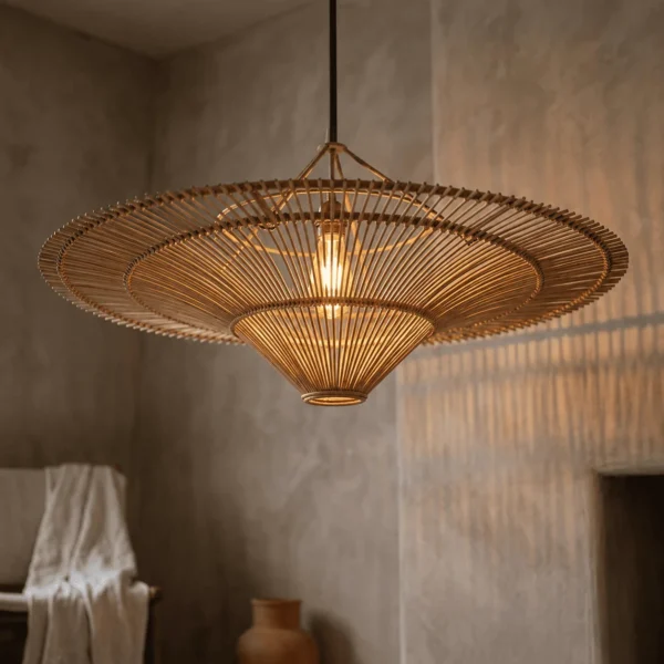 Rattan pendant lamp lit warm in a plaster-walled room, its open rods throwing striped shadows on the wall