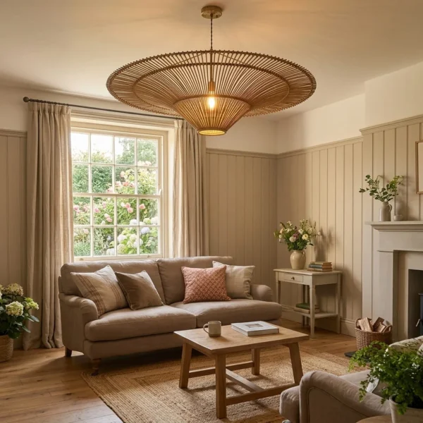 Rattan pendant lamp lit in a cottage living room above a sofa and wooden coffee table