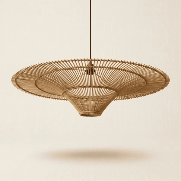 Rattan pendant lamp with a sunburst shade, unlit: natural rattan rods fanned into two stepped rings around a central cone