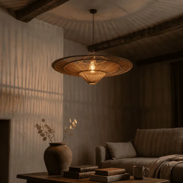 Rattan pendant lamp glowing over a living room sofa under wooden beams, with striped shadows on walls and ceiling