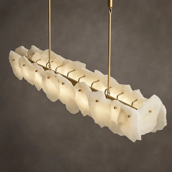 Brass linear chandelier frame and two rods holding raw alabaster slabs