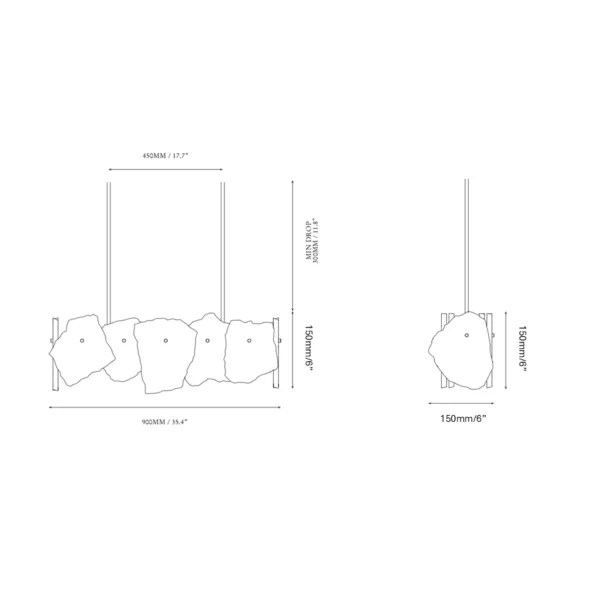 Brass linear chandelier dimensions, 900 mm long, 150 mm tall and wide