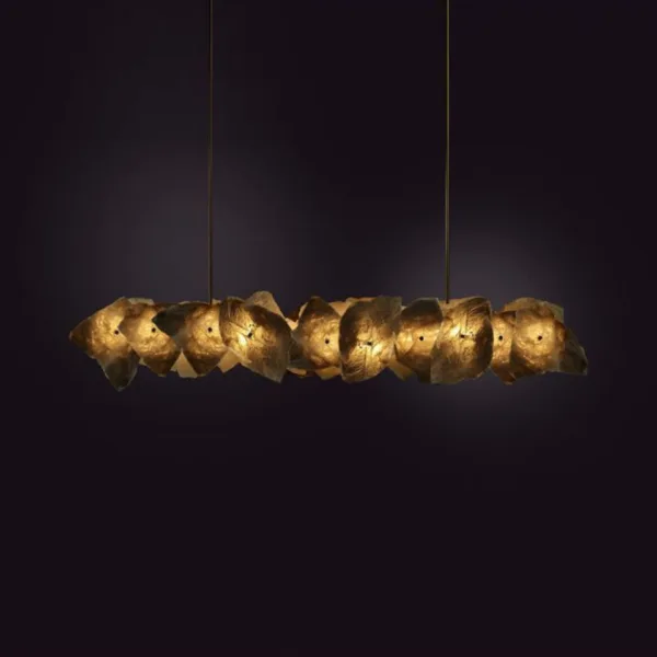 Raw alabaster linear chandelier with a warm amber glow