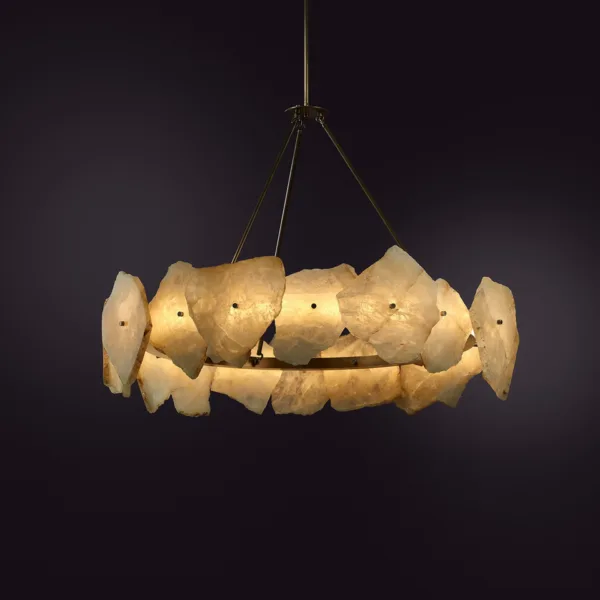 Alabaster stone chandelier with raw-edged alabaster slabs on a dark bronze ring, lit