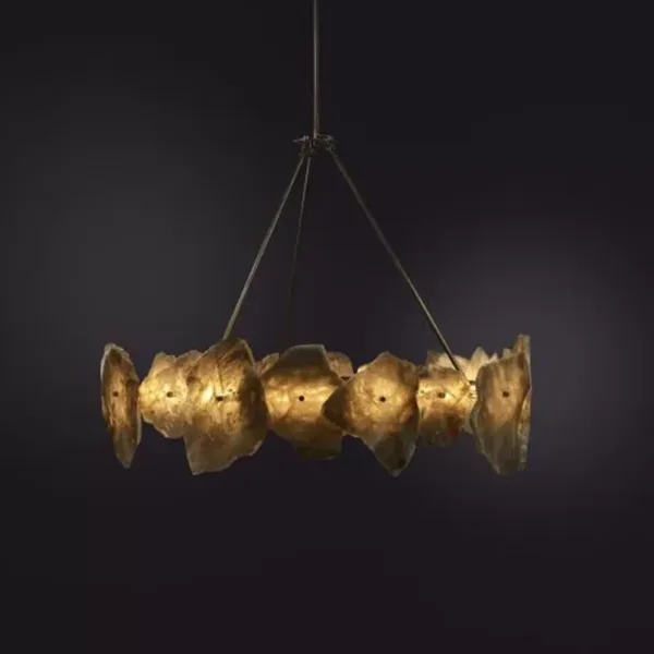 Lit alabaster stone chandelier ring with three angled arms