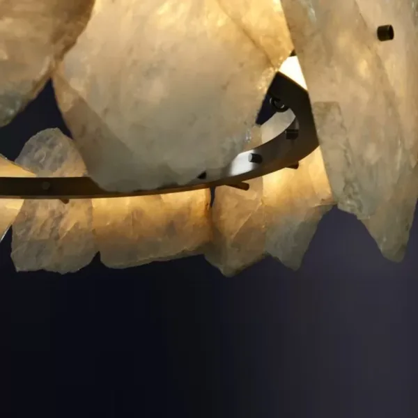 Inside the ring of the alabaster stone chandelier, LED glow and bronze frame