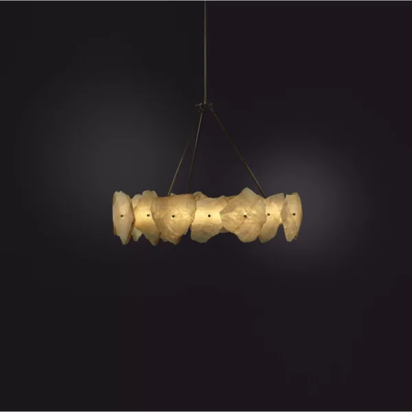 Alabaster stone chandelier side view, glowing band of raw alabaster slabs